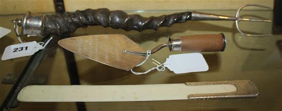 Toasting fork, trowel and paper knife